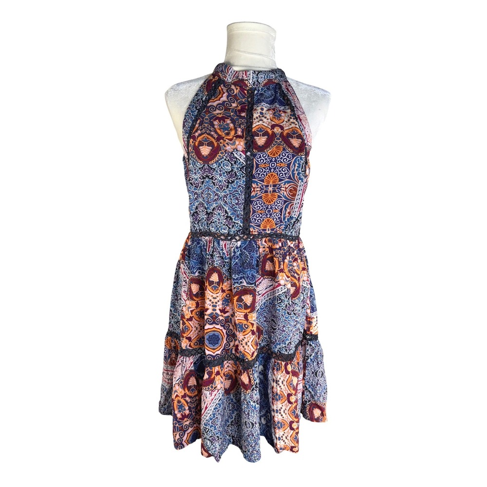 JAX Womens Large Blue Paisley Halter Mini Dress Open Back Crochet Lace Trim Boho